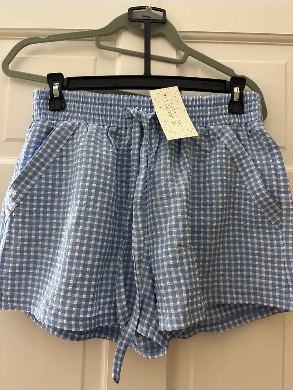 Sienna Sky Light Blue Gingham Drawstring Athletic Shorts